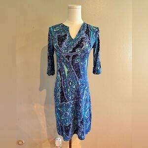 Tori Richard Blue Teal Paisley V-Neck Long Sleeve Dress